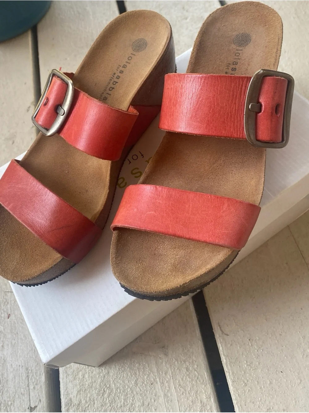 Lola Sabbia Red Leather Wedge Sandals Comfort Slide Buckle Shoes Womens 37/US7
